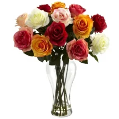 Nearly Natural 18-in Assorted Blooming Roses With Vase
