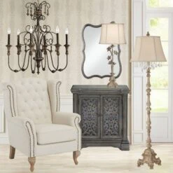 Barnes And Ivy Traditional Floor Lamp 63.5" Tall Distressed Candlestick Crystal Glass Beading Cream Bell Shade For Living Room Reading -Home Decoration Store GUEST 0d26788a 366e 4b6c 8f4b 20ed8eefe7ba