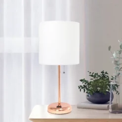 19.5" Bedside Power Outlet Base Metal Table Desk Lamp Rose Gold With White Fabric Shade - Creekwood Home -Home Decoration Store GUEST 15f31584 f95f 4617 afe9 5a06878a2ffd