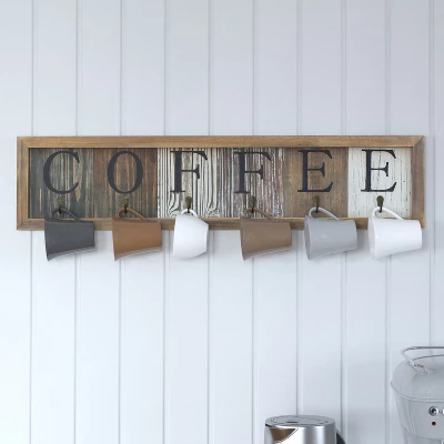 Merrick Lane Pheltz Wooden Wall Mount 6 Cup Distressed Wood Grain Printed COFFEE Mug Organizer With Metal Hanging Hooks, No Assembly Required 3 Merrick Lane Pheltz Wooden Wall Mount 6 Cup Distressed Wood Grain Printed COFFEE Mug Organizer With Metal Hanging Hooks, No Assembly Required