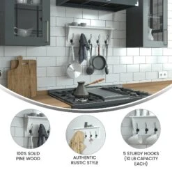 Flash Furniture Daly Wall Mounted 24 Inch Solid Pine Wood Storage Rack With Upper Shelf And 5 Hooks For Entryway, Kitchen, Bathroom, Solid White -Home Decoration Store GUEST 23c92352 22c4 4e46 9fe6 4423e7da8d73