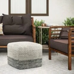 Saul Square Woven PET Polyester Pouf Gray/White - WyndenHall