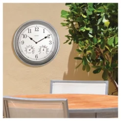 13.5" Metal Outdoor / Indoor Wall Clock With Thermometer And Humidity - Gray - Acurite