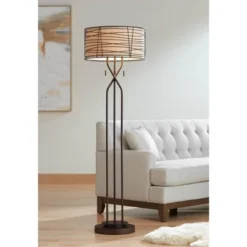 Franklin Iron Works Marlowe Rustic Farmhouse Floor Lamp 60 1/2" Tall Bronze Metal Oster Woven Burlap Fabric Inner Drum Shade For Living Room Bedroom