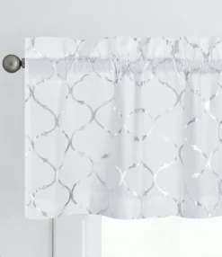 Kate Aurora Living Metallic Foil Lattice Quatrefoil White & Silver Window Valance