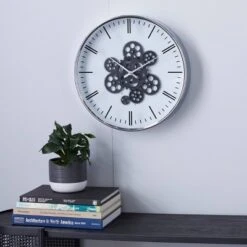 16" X 16" Round Metal Wall Clock With Functioning Gear Center Black/White - Olivia & May
