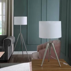 64" X 47" Mid-Century Adjustable Tripod Metal Floor Lamp Chrome/Silver - Ore International -Home Decoration Store GUEST 77f2544f 6b0f 4c94 8708 e652e6cb0212 1