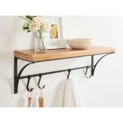 24" X 9" Ozias Shelf With Hooks Rustic Brown/Black - Kate & Laurel All Things Decor -Home Decoration Store GUEST 790646e1 6d59 4daa 97a1 c32425e57c8a