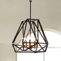 Franklin Iron Works Hawking Bronze Pendant Chandelier 20" Wide Modern Geometric Cage 5-Light Fixture For Dining Room House Kitchen Island Bedroom Home