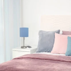 19.5" Bedside USB Port Feature Metal Table Desk Lamp Brushed Steel With Blue Fabric Shade - Creekwood Home -Home Decoration Store GUEST 8b0864bb 9369 486d 9016 38279ea1e663