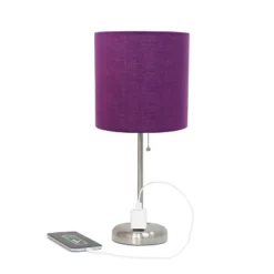 19.5" Bedside Power Outlet Base Metal Table Desk Lamp Brushed Steel With Fabric Shade Purple - Creekwood Home