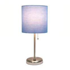 19.5" Bedside USB Port Feature Metal Table Desk Lamp Brushed Steel With Blue Fabric Shade - Creekwood Home