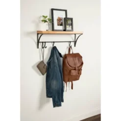 24" X 9" Ozias Shelf With Hooks Rustic Brown/Black - Kate & Laurel All Things Decor -Home Decoration Store GUEST b97664b9 2716 4b0f 966a a9c11fe57d4b