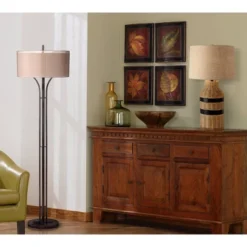 Franklin Iron Works Tristan Modern Floor Lamp 64" Tall Deep Bronze Metal Sheer Outer Linen Inner Double Drum Shade For Living Room Bedroom Office Home -Home Decoration Store GUEST b9f5b145 d357 4f42 b8fc 2cfb5be67eb9