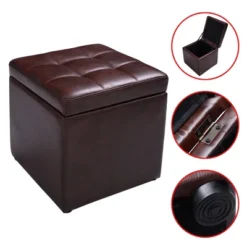 Costway 16''Cube Ottoman Pouffe Storage Box Lounge Seat Footstools With Hinge Top Red Brown