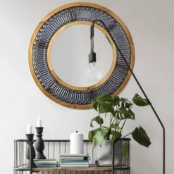31" Round Rustic Wood/Metal Framed Decorative Wall Mirror - American Art Decor