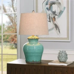 Turquoise Ceramic Table Lamp With Beige Hardback Linen Shade - StyleCraft -Home Decoration Store GUEST c9ae81ad 3827 49f7 ad47 81bcc8ff254b