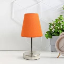10.5" Petite Metal Stick Bedside Table Desk Lamp In Sand Nickel With Fabric Shade Orange - Creekwood Home -Home Decoration Store GUEST cd90d4b9 d020 4d67 bd4b 251c8790e973