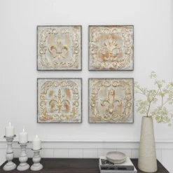 Metal Fleur De Lis Embossed Wall Decor Set Of 4 Brass - Olivia & May -Home Decoration Store GUEST d168fa65 4989 4c6e aa34 f6f25144e0ff