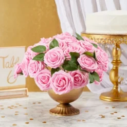 Bright Creations 60 Pack Artificial Pink Foam Roses, Faux Fake Flower Heads With Stems & Leaves For Decor & Craft, 136 Piece, 3 In