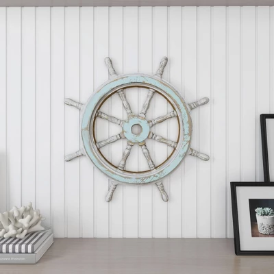 Wood Sail Boat Ship Wheel Wall Decor With Distressing Blue - Olivia & May 20 Wood Sail Boat Ship Wheel Wall Decor With Distressing Blue - Olivia & May - Image 18
