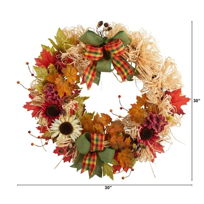 Nearly Natural 30” Harvest Autumn Sunflower, Maple Leaves And Berries Artificial Fall Wreath With Decorative Bows 3 Nearly Natural 30” Harvest Autumn Sunflower, Maple Leaves And Berries Artificial Fall Wreath With Decorative Bows