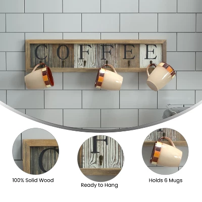Merrick Lane Pheltz Wooden Wall Mount 6 Cup Distressed Wood Grain Printed COFFEE Mug Organizer With Metal Hanging Hooks, No Assembly Required 5 Merrick Lane Pheltz Wooden Wall Mount 6 Cup Distressed Wood Grain Printed COFFEE Mug Organizer With Metal Hanging Hooks, No Assembly Required - Image 3