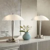 360 Lighting Deco Modern Accent Table Lamps 17" High Set Of 2 Brushed Steel Touch On Off White Glass Dome Shade For Bedroom Bedside Nightstand Office