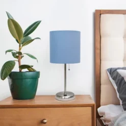 19.5" Bedside USB Port Feature Metal Table Desk Lamp Brushed Steel With Blue Fabric Shade - Creekwood Home -Home Decoration Store GUEST f76e29a9 b06d 4094 bd3f b9662425b26b