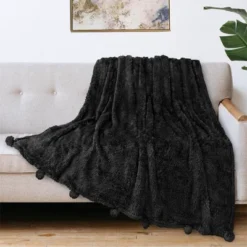 PAVILIA Fluffy Throw Blanket With Pompom, Lightweight Soft Plush Cozy Warm Pom Pom Fringe For Couch Sofa Bed