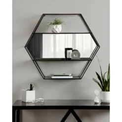 28" X 24" Lintz Hexagon Decorative Wall Mirror Shelf Black - Kate & Laurel All Things Decor -Home Decoration Store GUEST fb5ad378 1177 4f0b 900f 7707c846ac96