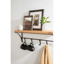 24" X 9" Ozias Shelf With Hooks Rustic Brown/Black - Kate & Laurel All Things Decor -Home Decoration Store GUEST fc0ac71e 7608 487f a989 4d0ec988baca