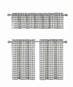 GoodGram Gray & White Cotton Blend Gingham Tartan Country Plaid Kitchen Curtain Set - 58 In. W X 15 In. L